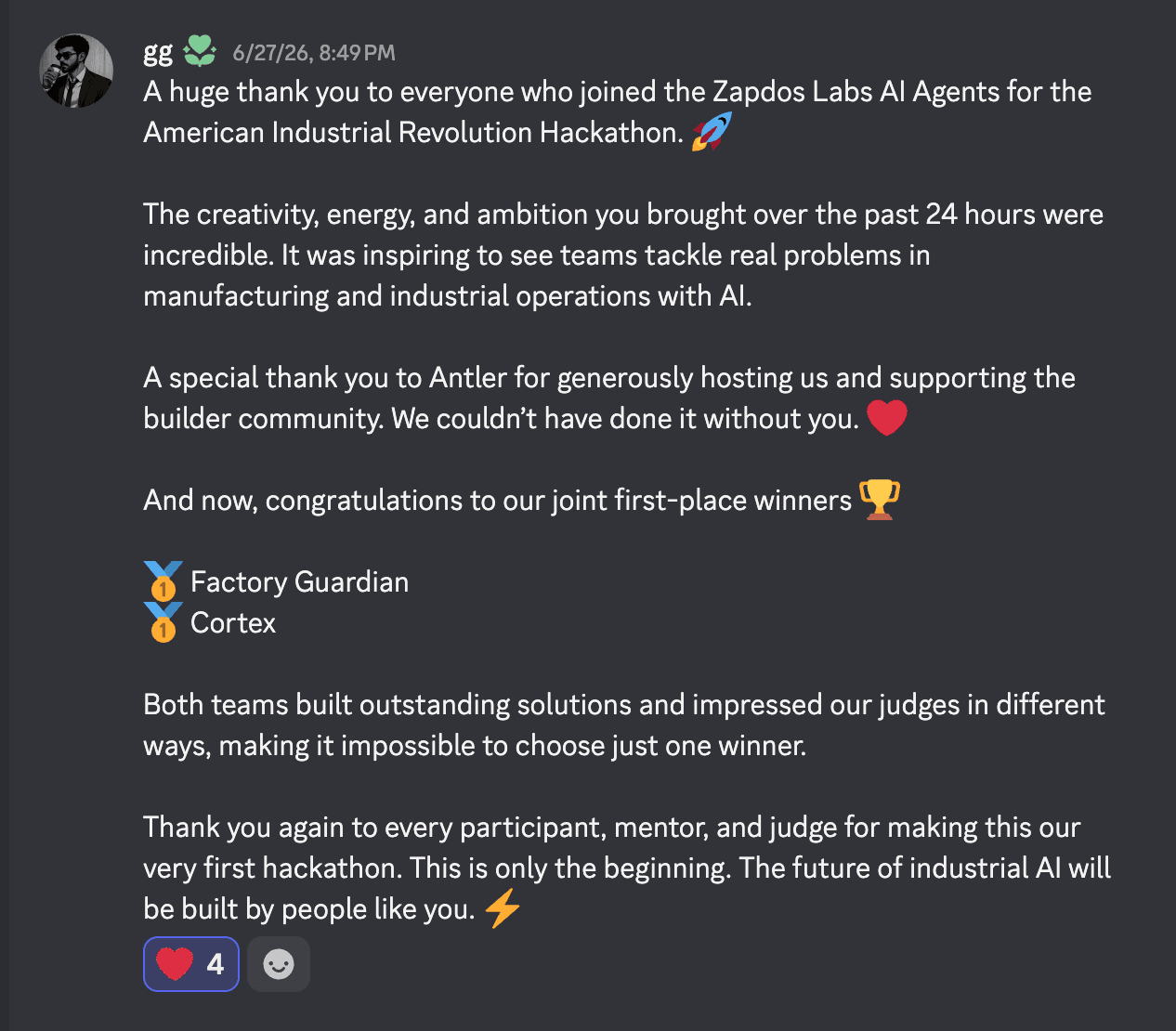 Discord announcement for the Antler and Zapdos Labs AI hackathon