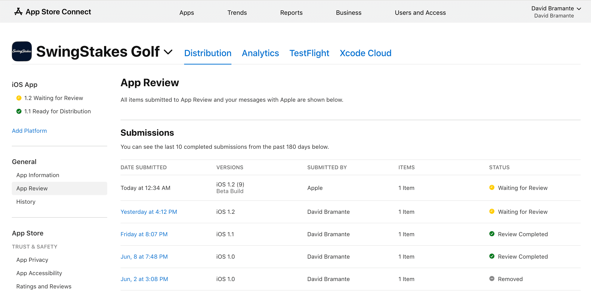 Apple App Connect app review submissions screenshot for SwingStakes Golf