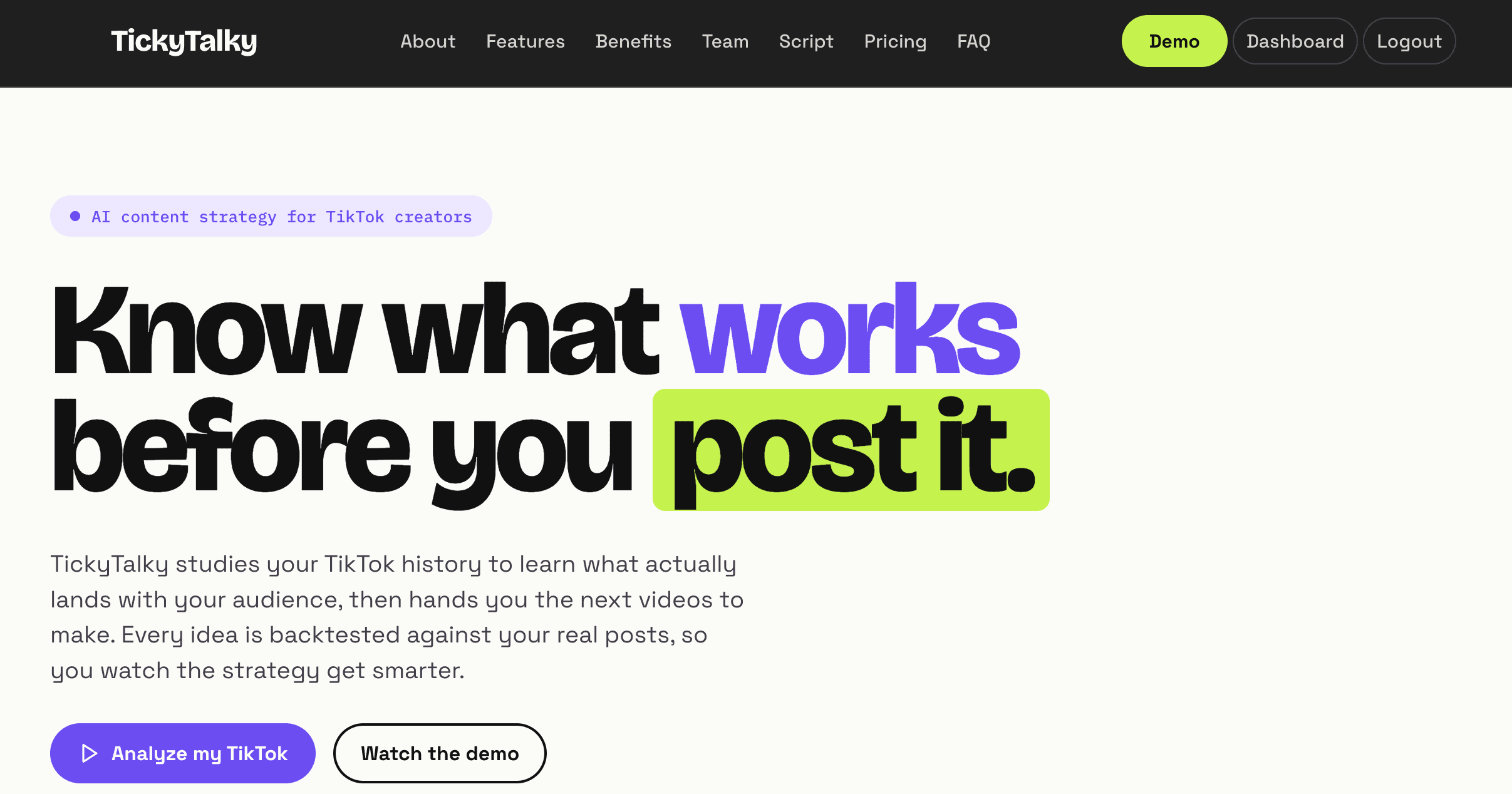 TickyTalky AI content strategist website screenshot