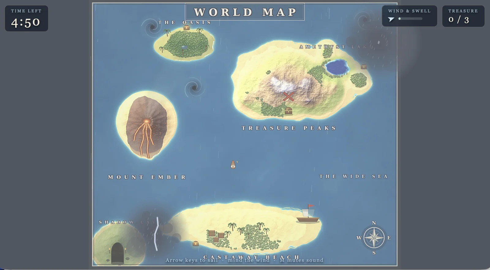 Voyage of the Arrow gameplay with world map, boat, timer, and treasure counter