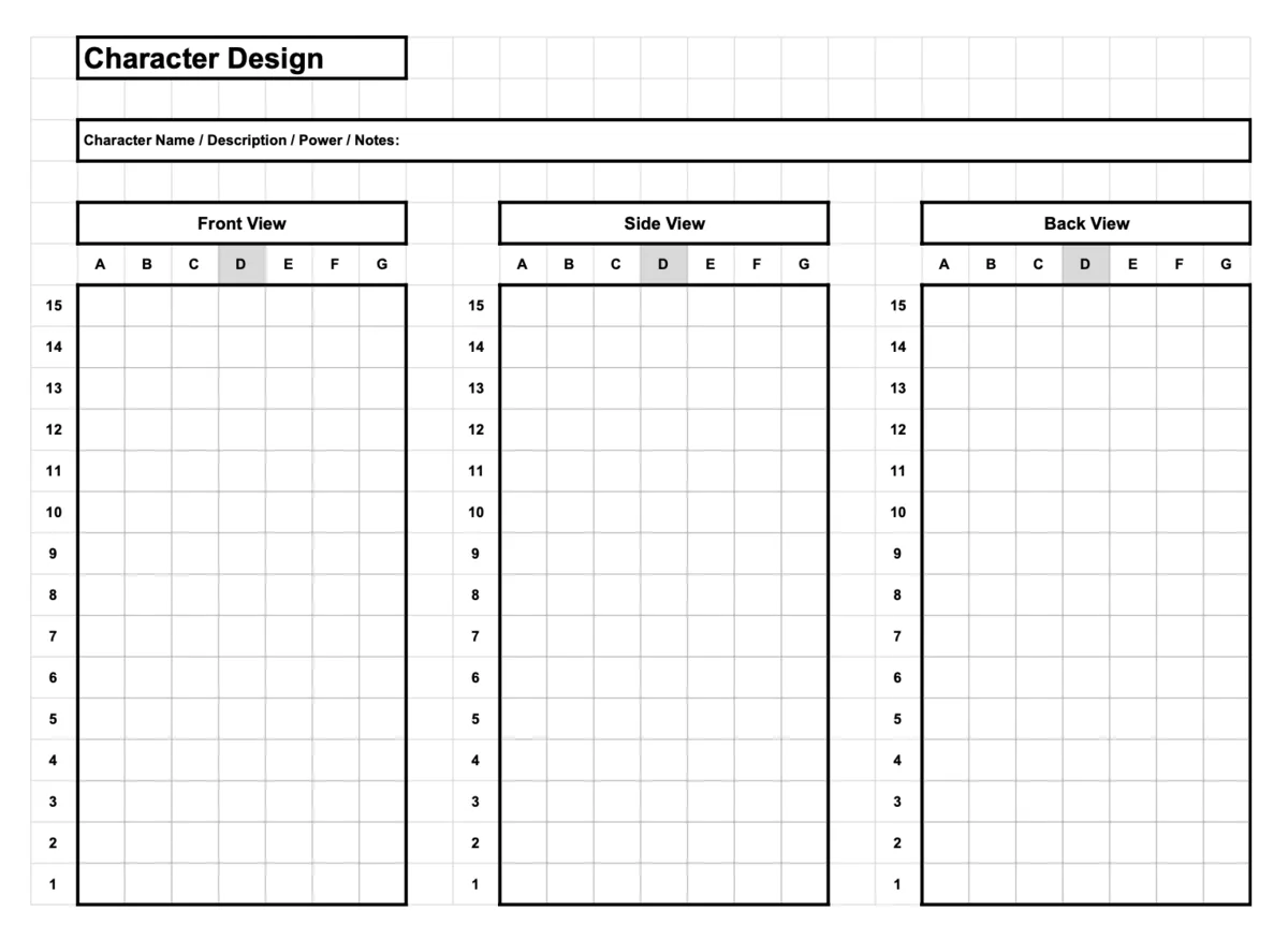 Blank printable character design worksheet with front, side, and back grids