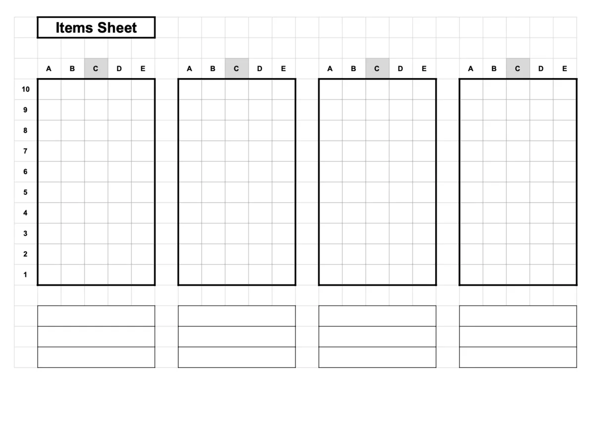 Blank printable video game items worksheet with four drawing grids