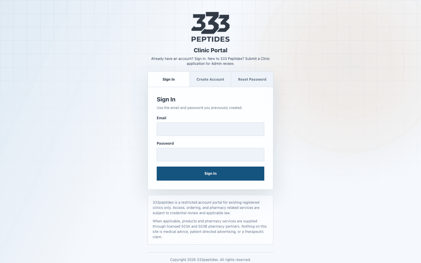 333 Peptides clinic portal screenshot